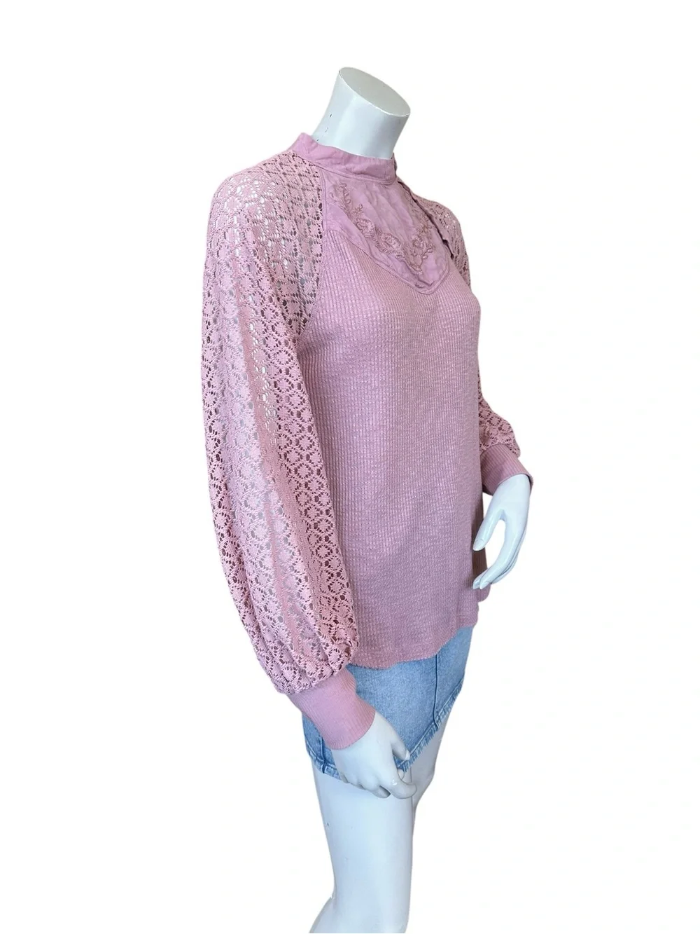 Free People Mauve Pink Sweetest Thing Thermal Knit Puff Sleeve Blouse Small